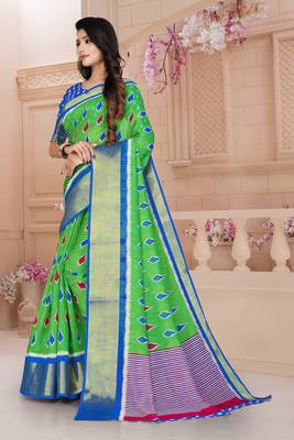 Green Printed Cotton Poly Saree With Blouse 3