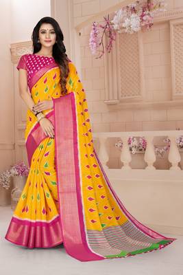 Yellow Printed Cotton Poly Saree With Blouse 1