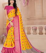 Yellow Printed Cotton Poly Saree With Blouse