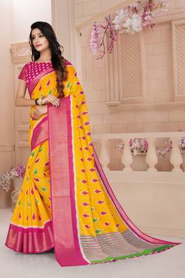 Yellow Printed Cotton Poly Saree With Blouse 3