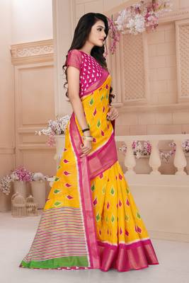 Yellow Printed Cotton Poly Saree With Blouse 4