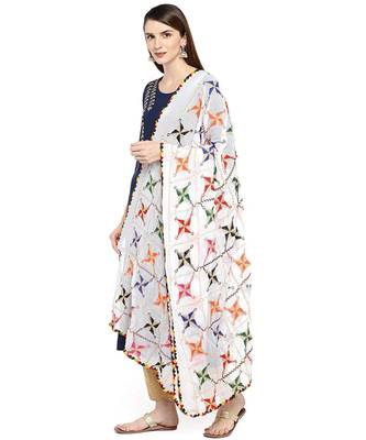 white  Fulkari Work Dupatta On Chiffon 3