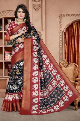 Black Printed Cotton Poly Saree With Blouse 1