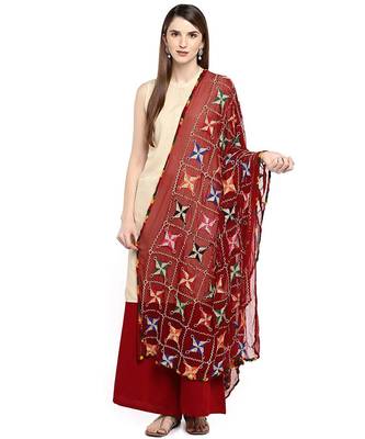 maroon  Fulkari Work Dupatta On Chiffon 1