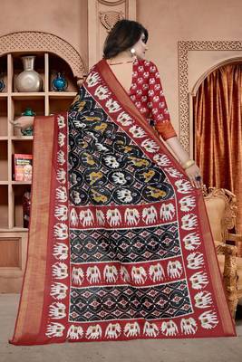 Black Printed Cotton Poly Saree With Blouse 2
