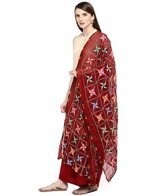 maroon  Fulkari Work Dupatta On Chiffon 3