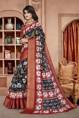 Black Printed Cotton Poly Saree With Blouse 3