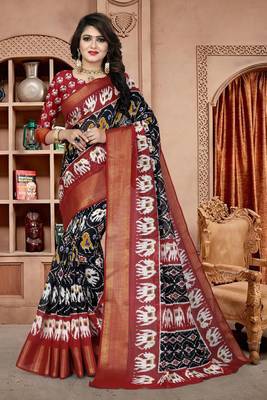 Black Printed Cotton Poly Saree With Blouse 4