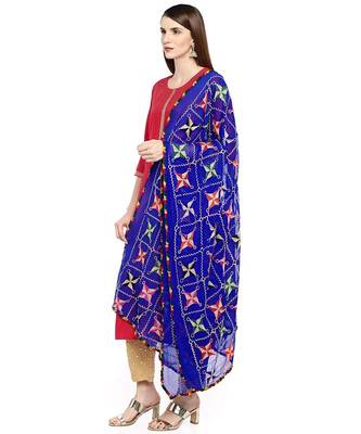 blue  Phulkari Work Dupatta On Chiffon 3