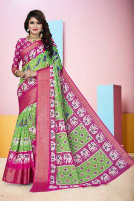 Light Green Printed Cotton Poly Saree With Blouse 1