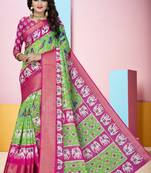 Light Green Printed Cotton Poly Saree With Blouse