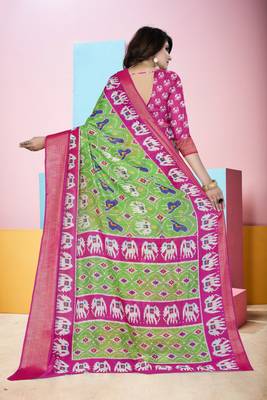 Light Green Printed Cotton Poly Saree With Blouse 2