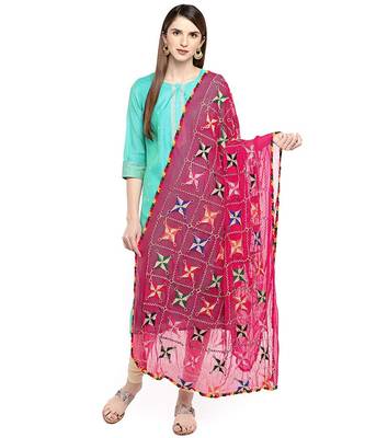 magenta  Fulkari Work Dupatta On Chiffon 1