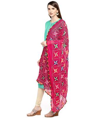 magenta  Fulkari Work Dupatta On Chiffon 3