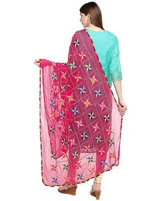 magenta  Fulkari Work Dupatta On Chiffon 4