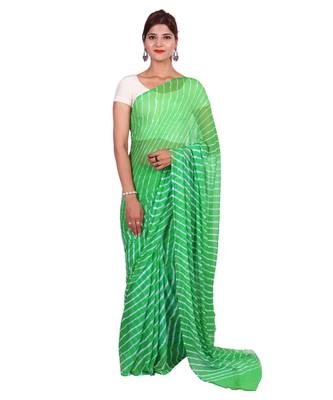 green plain chiffon saree with blouse 1