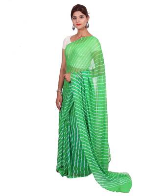 green plain chiffon saree with blouse 2