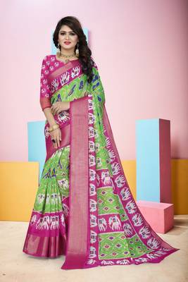 Light Green Printed Cotton Poly Saree With Blouse 4