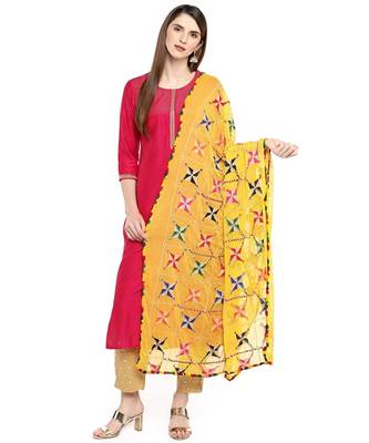 yellow  Fulkari Work Dupatta On Chiffon 1