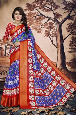 Royal Blue Printed Cotton Poly Saree With Blouse 1
