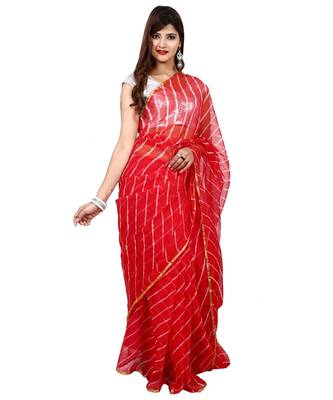 red plain chiffon saree with blouse 2