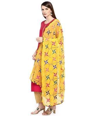 yellow  Fulkari Work Dupatta On Chiffon 3