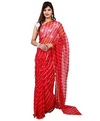 red plain chiffon saree with blouse 3
