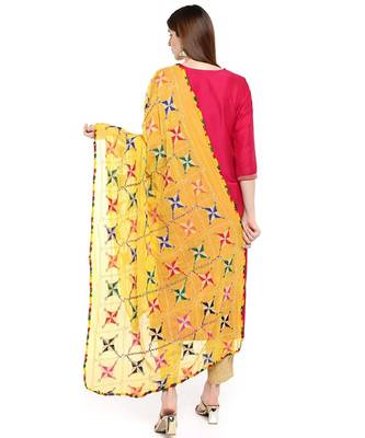 yellow  Fulkari Work Dupatta On Chiffon 4