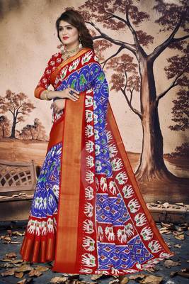Royal Blue Printed Cotton Poly Saree With Blouse 3