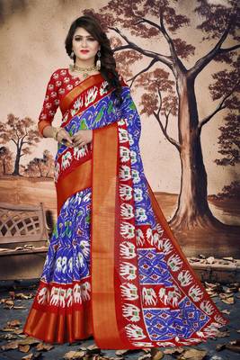 Royal Blue Printed Cotton Poly Saree With Blouse 4