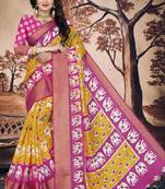 Yellow Printed Cotton Poly Saree With Blouse