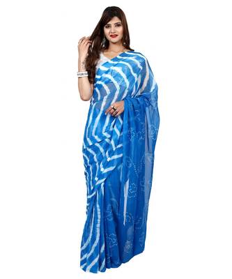 blue plain chiffon saree with blouse 1