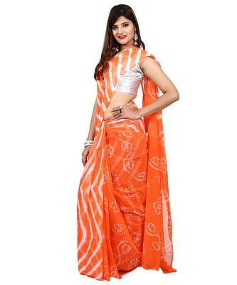 orange plain chiffon saree with blouse 2