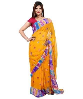 yellow plain chiffon saree with blouse 1