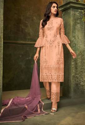 Peach embroidered net salwar 1