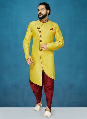 Yellow hand woven
 silk indo-western-dresses 1