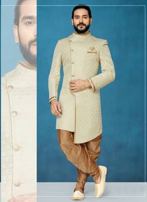 Beige hand woven
 jaquard indo-western-dresses 1