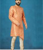 Orange hand woven
 silk indo-western-dresses