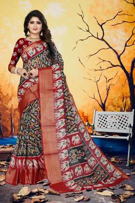 Black Printed Cotton Poly Saree With Blouse 1