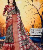 Black Printed Cotton Poly Saree With Blouse
