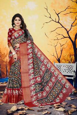 Black Printed Cotton Poly Saree With Blouse 2