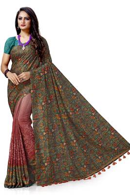 Grey embroidered tussar silk saree with blouse 1