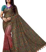 Grey embroidered tussar silk saree with blouse