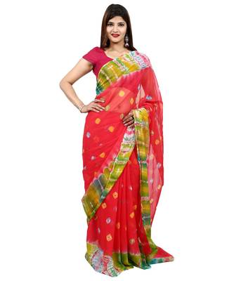red plain chiffon saree with blouse 1