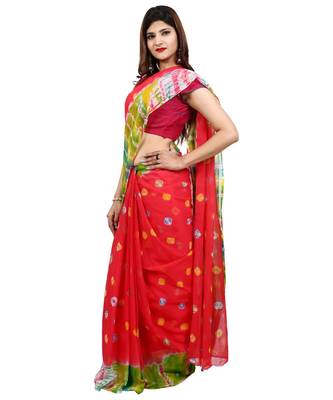 red plain chiffon saree with blouse 2