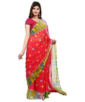 red plain chiffon saree with blouse 3
