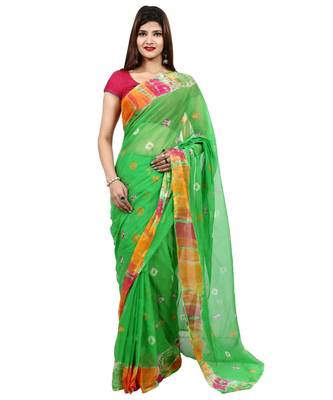 green plain chiffon saree with blouse 1