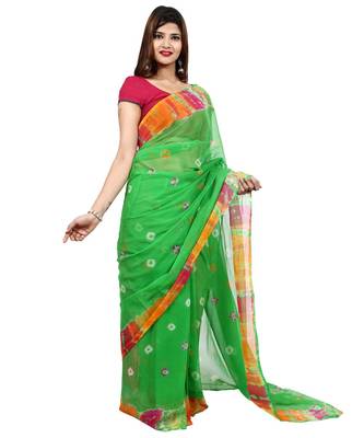 green plain chiffon saree with blouse 3