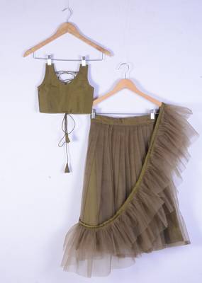 Dark golden satin with net full lenght wedding wear lahenga choli set for girl  1