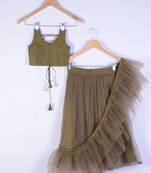 Dark golden satin with net full lenght wedding wear lahenga choli set for girl 